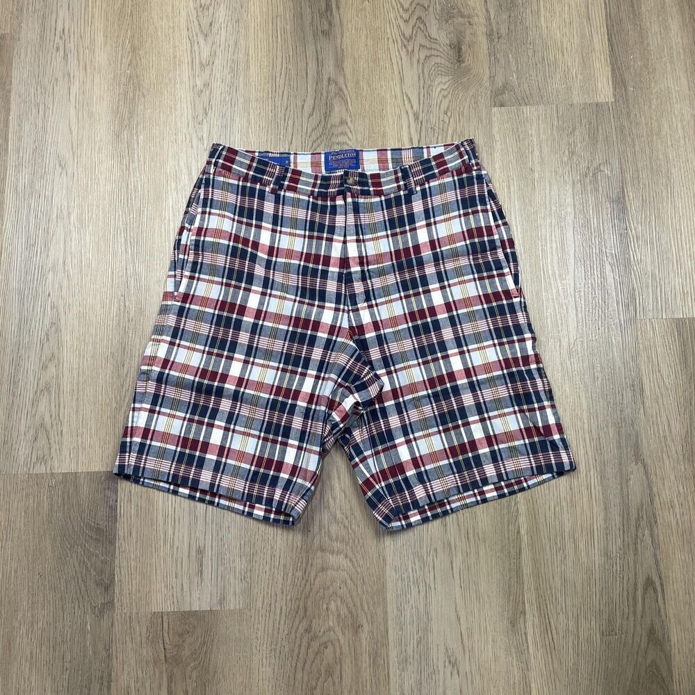 Pendleton Shorts Mens 32 Red Navy Plaid Madras Cotton Chino Casual Summer Golf
